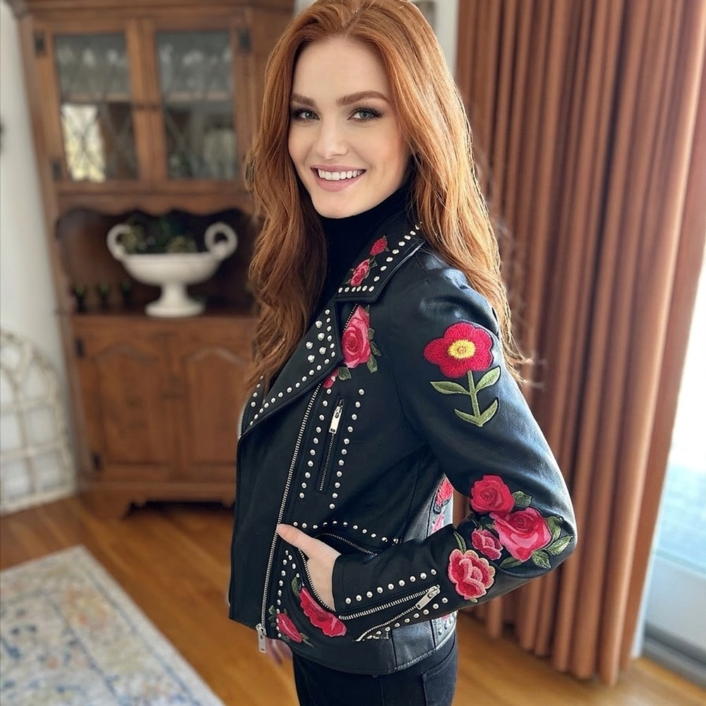Floral Embellished Black faux Leather Jacket